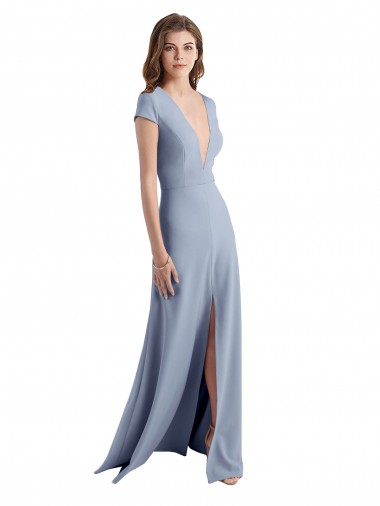 Best Plunging V-Neck Cap Sleeves Stretch Crepe Bridesmaid Dress / Prom Dress with Front Slit UK