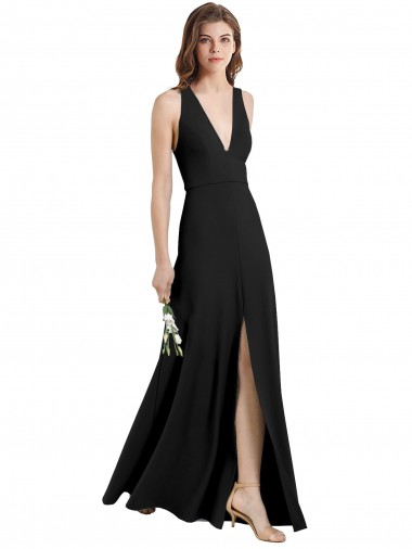 Best Sleek Halter V-Neck Long A-Line Stretch Formal Crepe Bridesmaid Dress / Prom Dress with Front Slit UK
