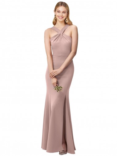 Best Long Floor Length High Neck Fit and Flare Stretch Crepe Bridesmaid Dress / Prom Dress with Side Slit UK