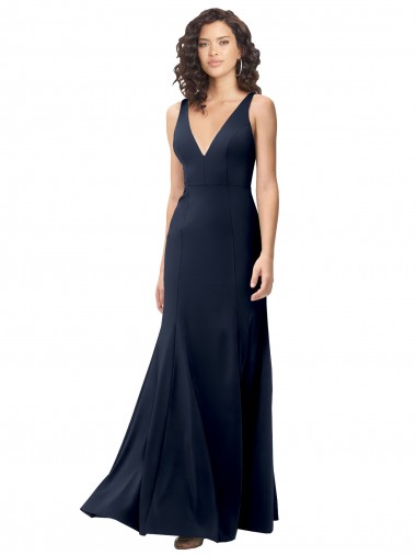 Best Classic V-Neck Long Stretch Formal Crepe Bridesmaid Dress / Prom Dress with V-Back UK
