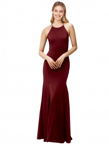 Best Fit and Flare Halter Neckline Stretch Formal Crepe Bridesmaid Dress / Prom Dress with Strappy Back UK