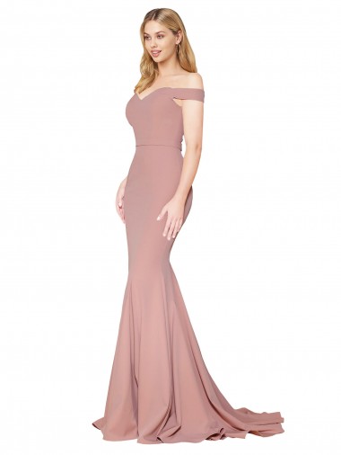 Best Off the Shoulder Sweetheart Long Sweep Train Formal Crepe Bridesmaid Dress / Prom Dress UK