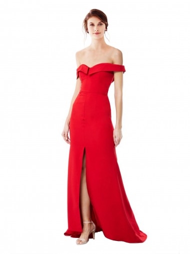 Best Off the Shoulder Chapel Train Formal Crepe Bridesmaid Dress / Prom Dress with Thigh-High slit UK