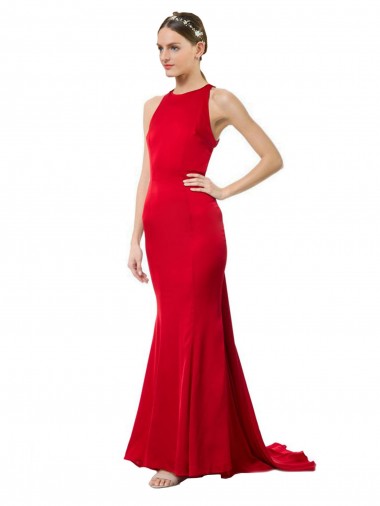 Best High Neck Mermaid Open Back Formal Crepe Maxi Bridesmaid Dress / Prom Dress with Train Detail UK