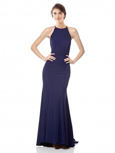 Best High Neck Fishtail Formal Crepe Bridesmaid Dress / Prom Dress with Open Back Detail UK