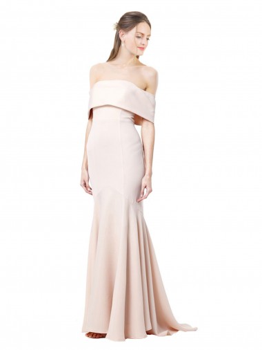 Best Mermaid Bardot Maxi Formal Crepe Bridesmiad Dress with Fishtail Train UK