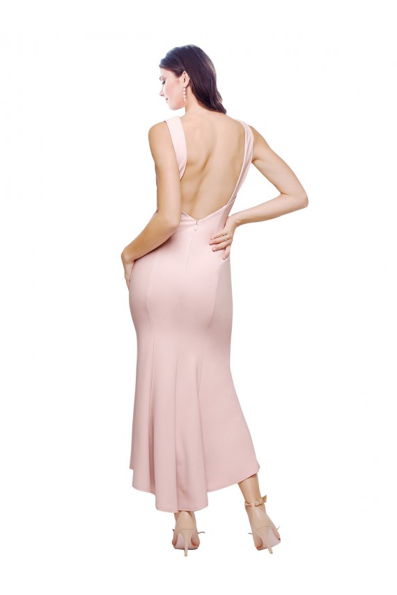Best High Neck Low V-Back Cocktail Midi Length Formal Crepe Bridesmaid Dress / Prom Dress UK
