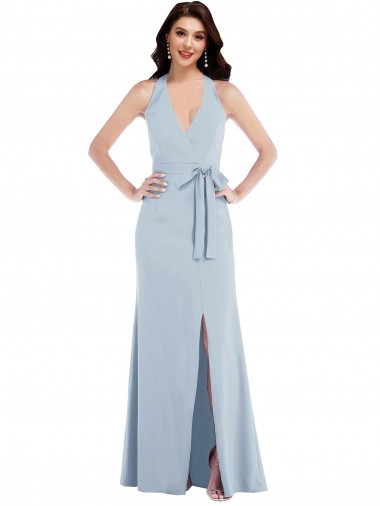 Best Open Back Halter Maxi Formal Crepe Bridesmaid Dress / Prom Dress with Draped Bow UK