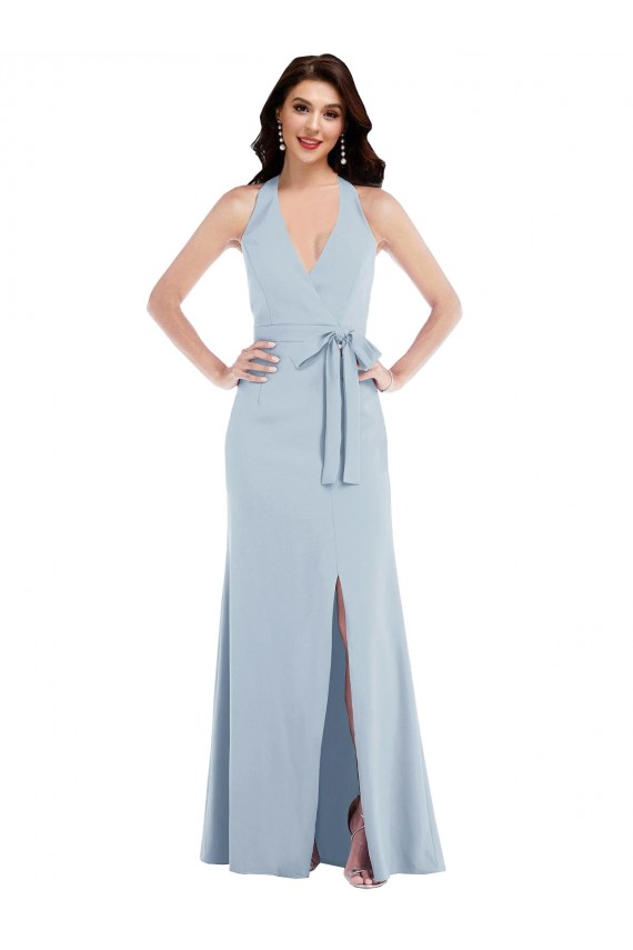 Best Open Back Halter Maxi Formal Crepe Bridesmaid Dress / Prom Dress with Draped Bow UK
