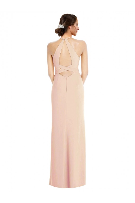 Best Halter Criss Cross Cutout Back Maxi Formal Crepe Bridesmaid Dress / Prom Dress UK
