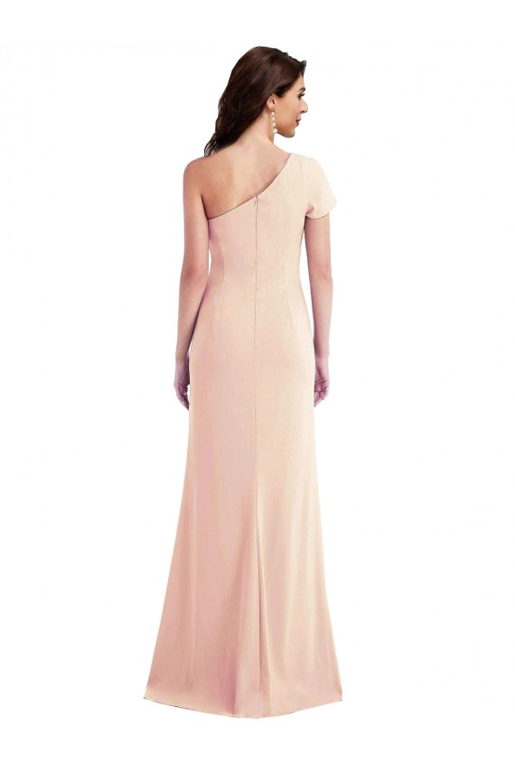 Best One Shoulder Cap Sleeves Trumpet Formal Crepe Bridesmaid Dress / Prom Dress with Front Slit UK