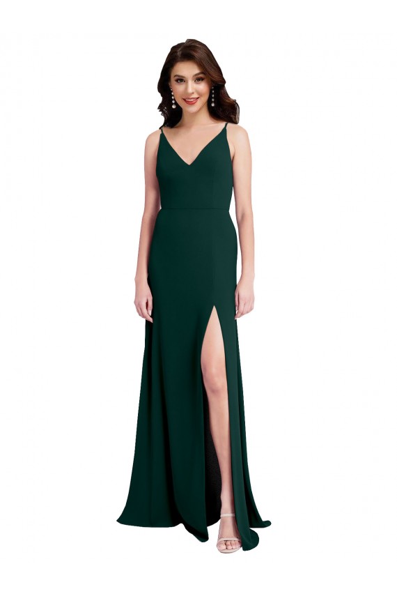 Best Slim A-Line V-Neck Full Length Formal Crepe Bridesmaid Dress / Prom Dress with Side Slit UK