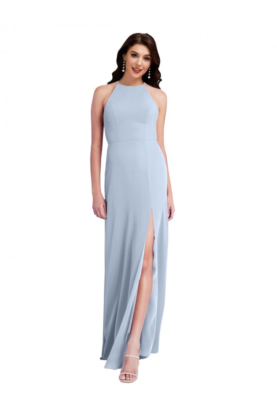 Best Fit and Flare High Neck Formal Crepe Bridesmaid Dress / Prom Dress with Side Slit UK