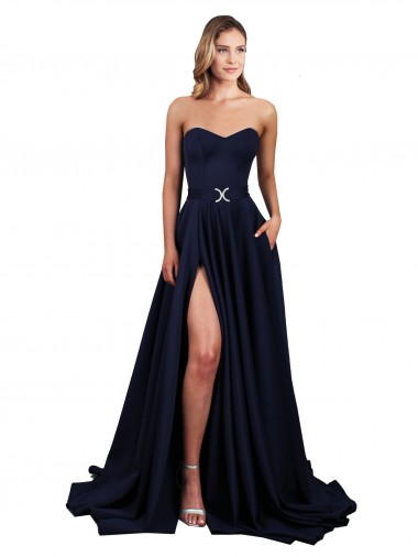 Best Sweetheart Neckline Low Back Long Formal Crepe Bridesmaid Dress / Prom Dress with Pockets & High Leg Spit UK