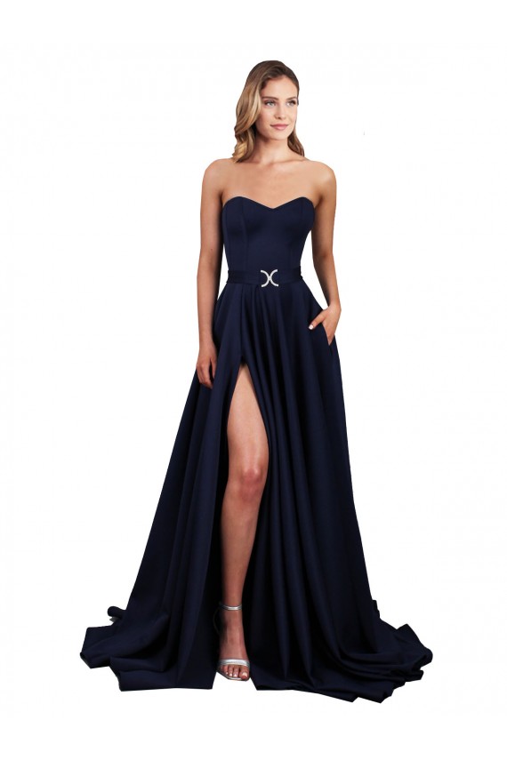 Best Sweetheart Neckline Low Back Long Formal Crepe Bridesmaid Dress / Prom Dress with Pockets & High Leg Spit UK