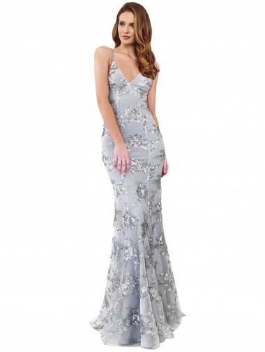 Best Silver V-Neckline Backless Floral Patterned Sequin Formal Bridesmaid Dress / Prom Dress UK