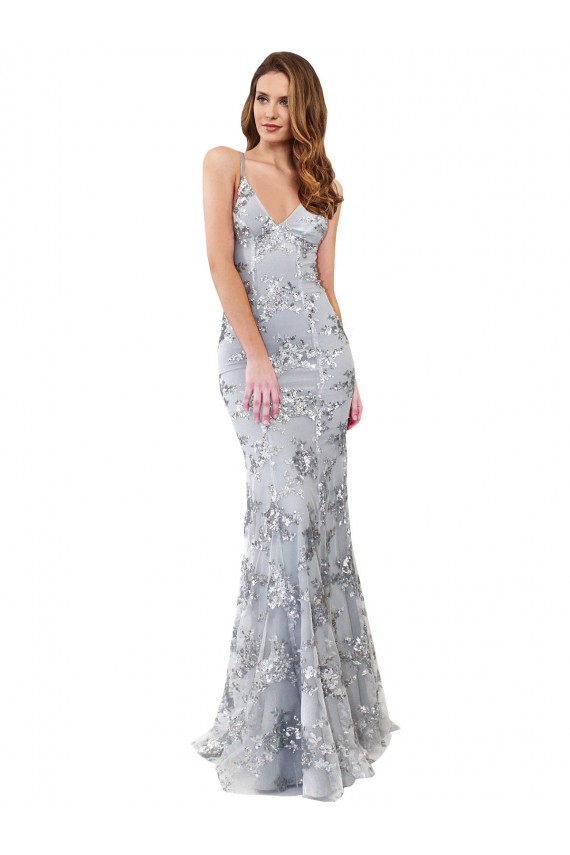 Best Silver V-Neckline Backless Floral Patterned Sequin Formal Bridesmaid Dress / Prom Dress UK