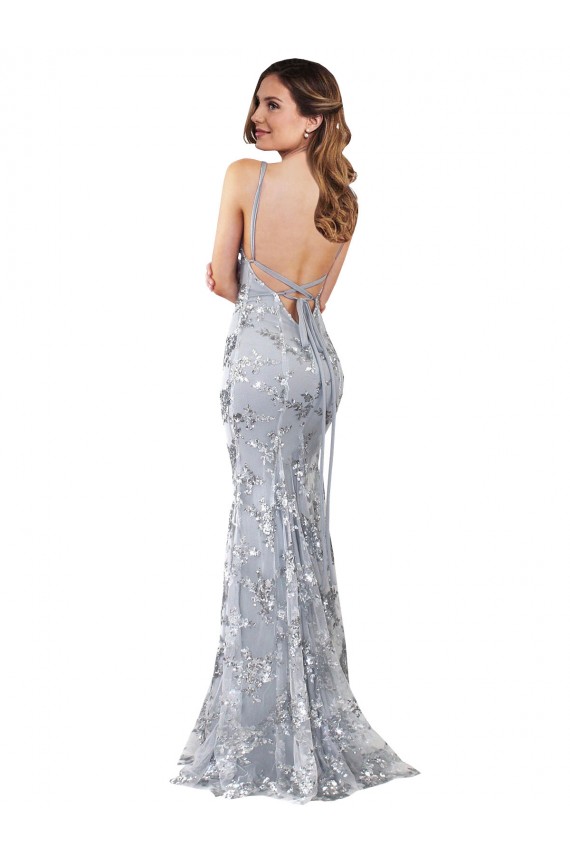 Best Silver V-Neckline Backless Floral Patterned Sequin Formal Bridesmaid Dress / Prom Dress UK