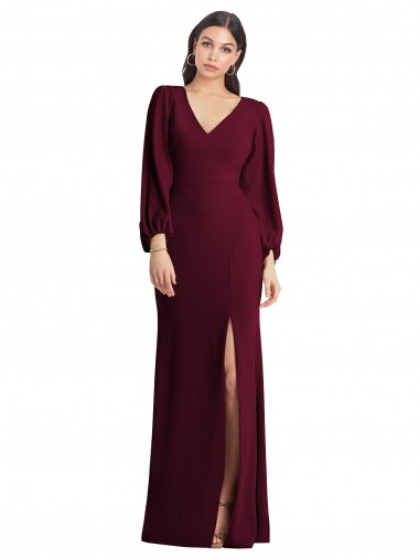 Best Long Puff Sleeve V-Neck Trumpet Bridesmaid Maxi Dress UK