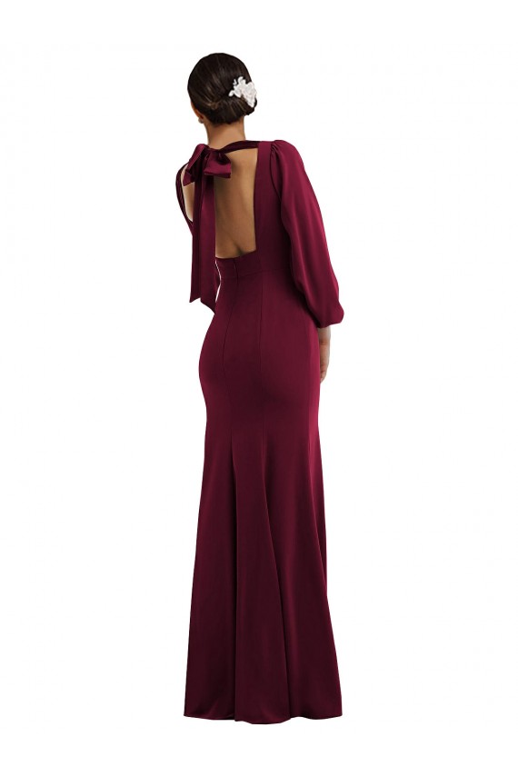 Best Bishop Sleeve Open Back Trumpet Formal Crepe Bridesmaid Dress / Prom Dress with Scarf Tie UK