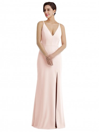 Best Skinny Strap Deep V-Neck Trumpet Formal Crepe Bridesmaid Dress / Prom Dress with Front Slit UK