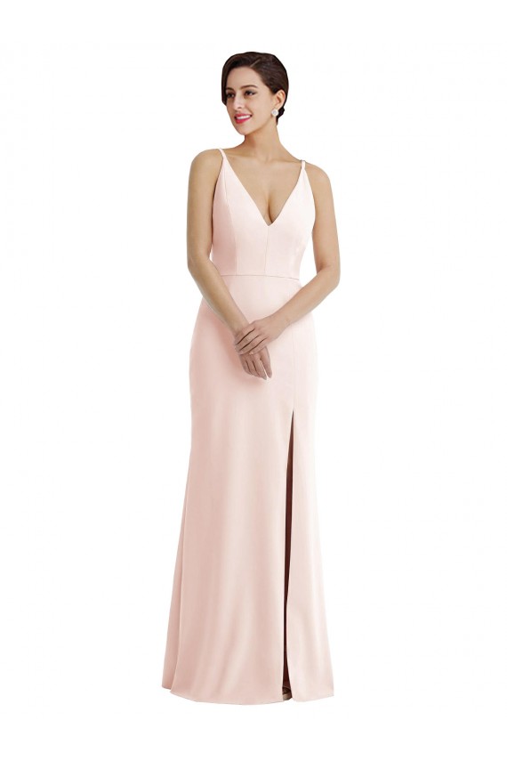 Best Skinny Strap Deep V-Neck Trumpet Formal Crepe Bridesmaid Dress / Prom Dress with Front Slit UK
