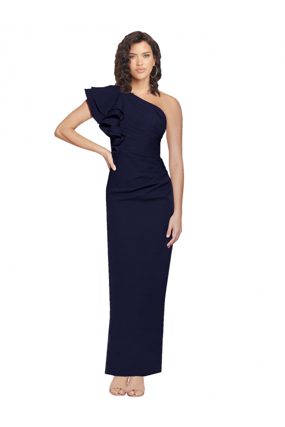 Best Ruched Floor Length Long Formal Crepe Bridesmaid Dress / Prom Dress with Shoulder Ruffles UK