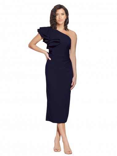 Best Ruched Midi Length Short Cocktail Formal Crepe Bridesmaid Dress / Prom Dress with Shoulder Ruffles UK