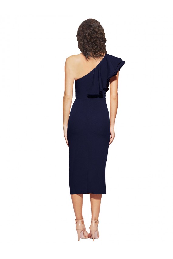 Best Ruched Midi Length Short Cocktail Formal Crepe Bridesmaid Dress / Prom Dress with Shoulder Ruffles UK