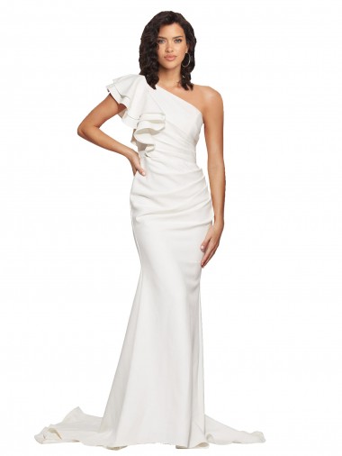 Best Ruched Long Sweep Train Crepe Bridesmaid Dress / Prom Dress with Shoulder Ruffles UK