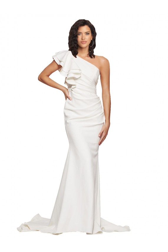 Best Ruched Long Sweep Train Crepe Bridesmaid Dress / Prom Dress with Shoulder Ruffles UK
