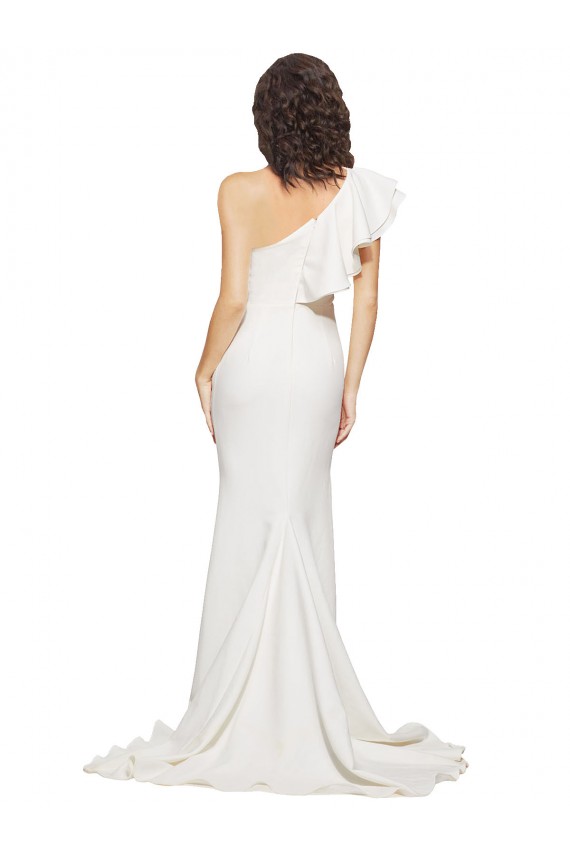 Best Ruched Long Sweep Train Crepe Bridesmaid Dress / Prom Dress with Shoulder Ruffles UK