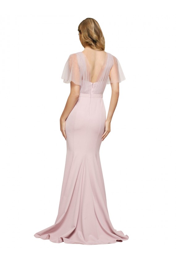 Best Crepe Long Sweetheart Neckline Formal Bridesmaid Dress / Prom Dress with Tulle Overlay Shoulders UK