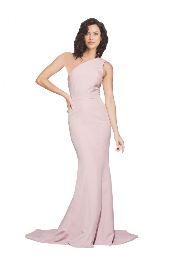 Best Long Sweep Train One Shoulder Crepe Bridesmaid Dress / Prom Dress with Side Leg Split UK