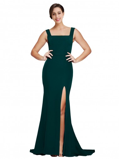 Best Fitted Square Neck Long Crepe Bridesmaid Dress / Prom Dress with Train and Side Split UK
