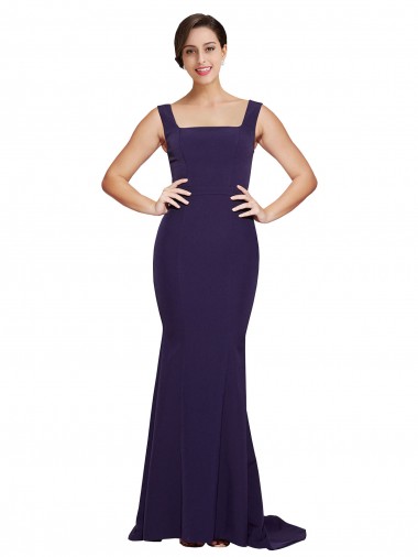 Best Square Neck Long Sweep Train Crepe Bridesmaid Dress / Prom Dress with Thick Straps UK
