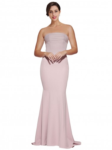 Best Straight Neck Long Strapless Formal Crepe Bridesmaid Dress / Prom Dress with Soft Tulle Overlay and Small Train UK