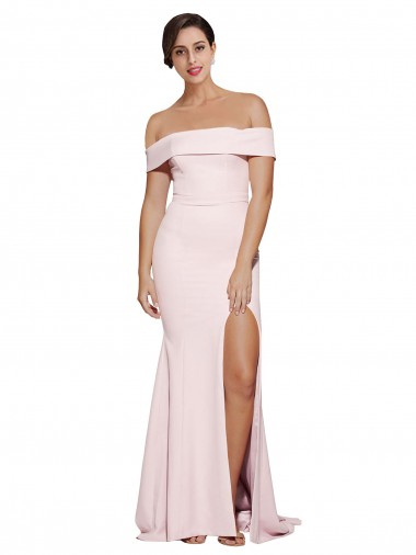 Best Off Shoulder Long Formal Crepe Bridesmaid Dress / Prom Dress with Straight Neckline and Side Split UK