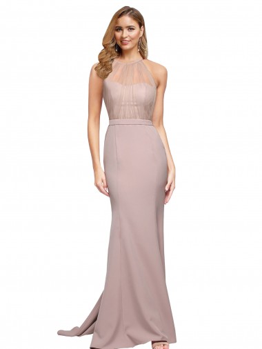 Best Long Sweetheart Formal Crepe Bridesmaid Dress / Prom Dress with High Neck Illusion Tulle Details UK