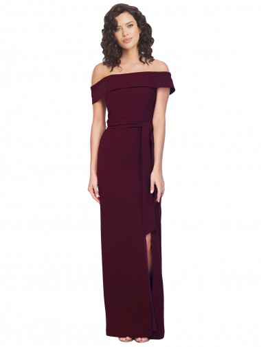 Best Fitted Full Length Off the Shoulder Formal Crepe Bridesmaid Dress / Prom Dress with Side Split and Waist Tie UK