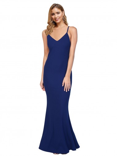 Best Full Length V-Neckline Formal Crepe Bridesmaid Dress / Prom Dress with Thin Straps and Fulted Skirt UK