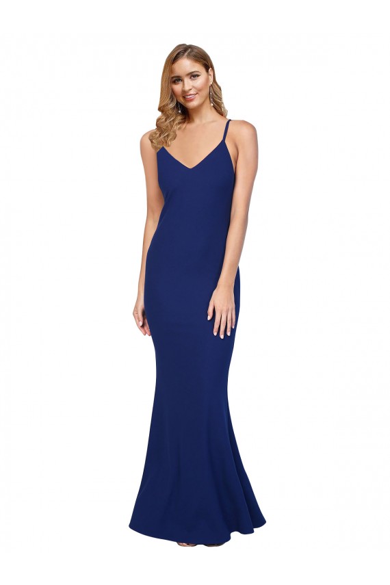 Best Full Length V-Neckline Formal Crepe Bridesmaid Dress / Prom Dress with Thin Straps and Fulted Skirt UK
