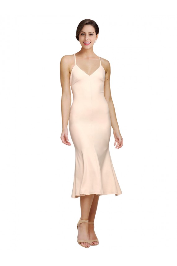 Best Midi Cocktail Length V-Neckline Crepe Bridesmaid Dress / Prom Dress with Thin Straps and Fulted Skirt UK