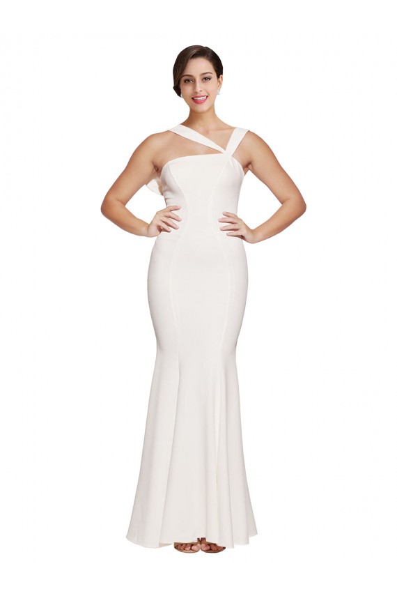 Best Full Length Square Neck Formal Crepe Bridesmaid Dress / Prom Dress with Asymmetrical Straps and Bow Back UK