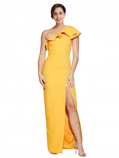 Best One Shoulder Floor Length Formal Crepe Bridesmaid Dress / Prom Dress with Thigh High Split UK