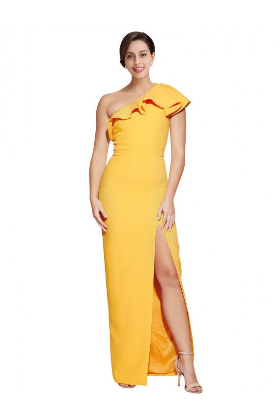 Best One Shoulder Floor Length Formal Crepe Bridesmaid Dress / Prom Dress with Thigh High Split UK