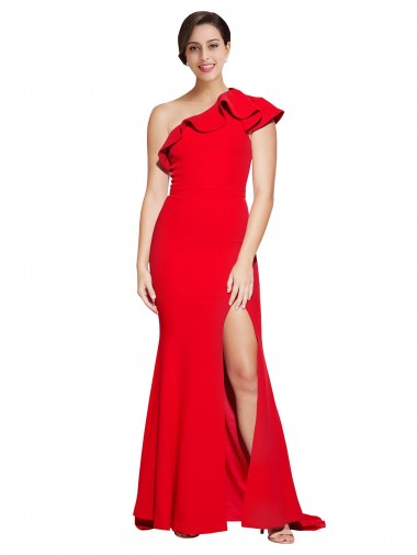 Best One Shoulder Long Sweep Train Crepe Bridesmaid Dress / Prom Dress with Thigh High Split UK