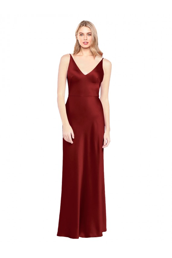 Best Full Length Long Formal Stretch Satin Slip Bridesmaid Dress / Prom Dress V-Back UK