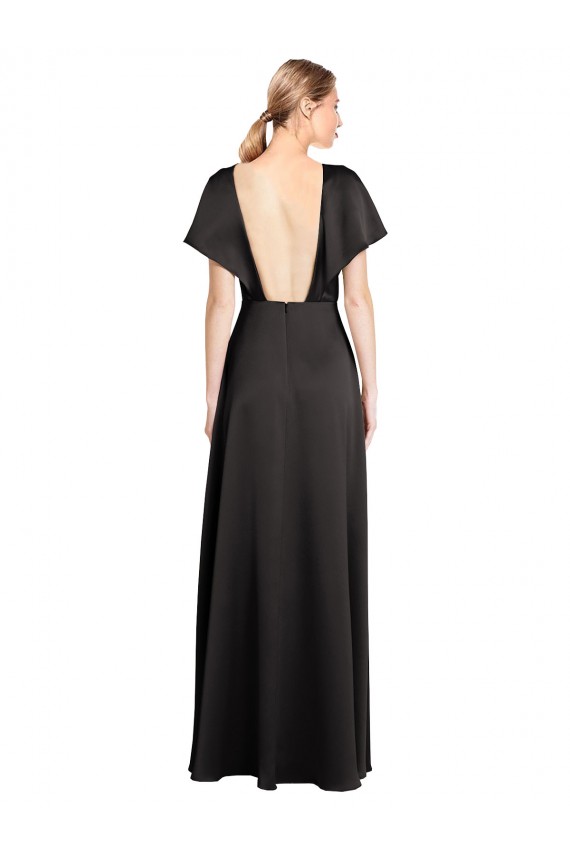 Best Cap Sleeves Open Back Long Formal Stretch Satin Bridesmaid Dress / Prom Dress UK