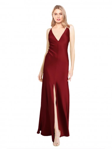 Best Floor Length Deep V-Back Formal Stretch Satin Bridesmaid Dress / Prom Dress with Front Slit UK